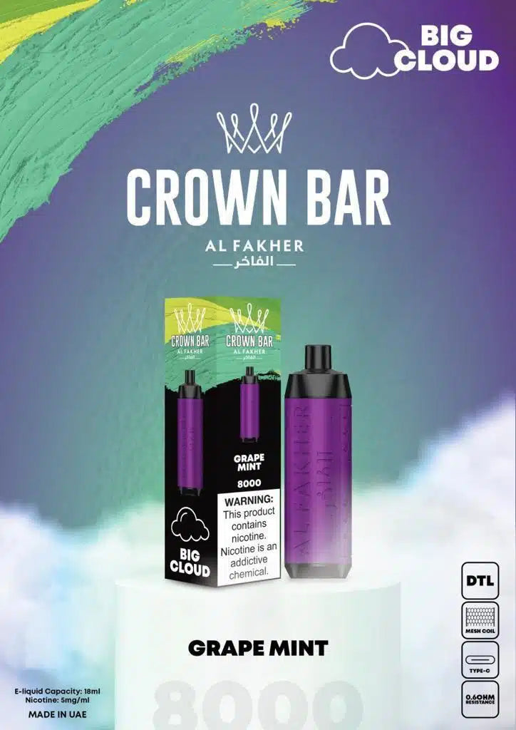 Al Fakher Crown Bar Disposable Vape 8000 Puffs Big Cloud grape mint