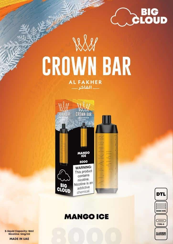 Al Fakher Crown Bar Disposable Vape 8000 Puffs Big Cloud mango ice