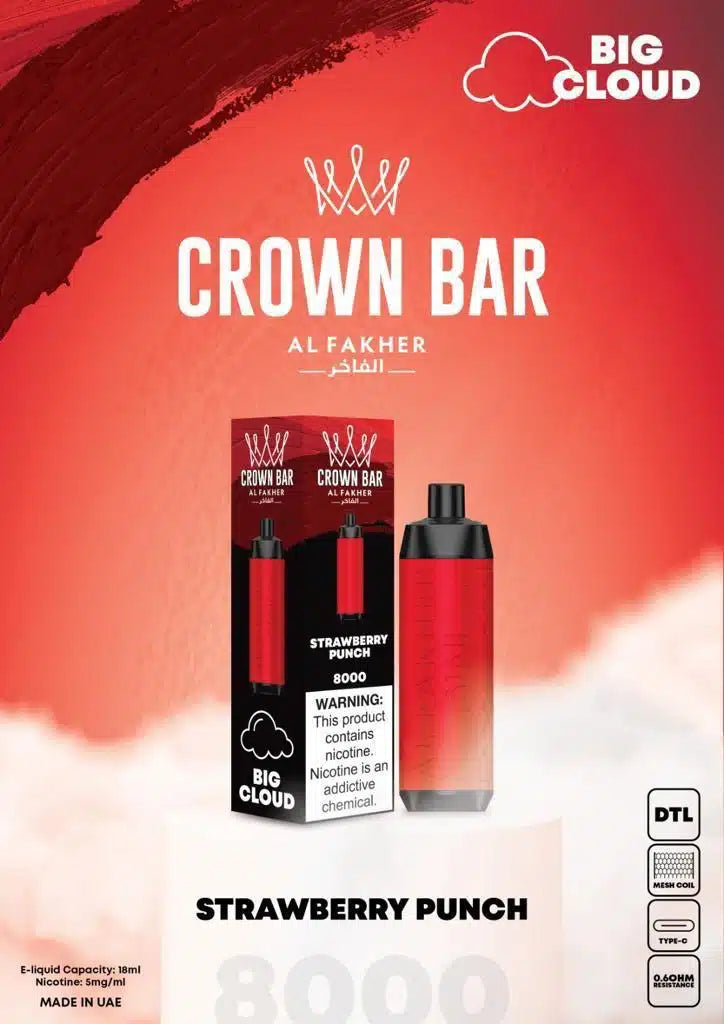 Al Fakher Crown Bar Disposable Vape 8000 Puffs Big Cloud strawberry punch